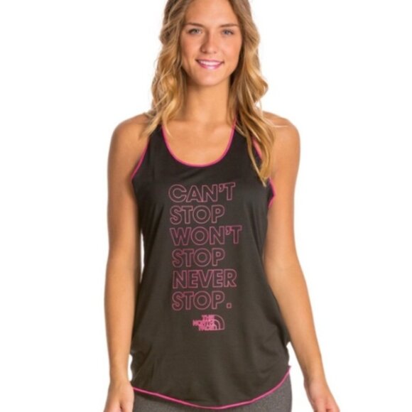 The North Face Tank Women's Small Pink/Black "CAN'T‎ STOP WON'T STOP NEVER STOP" - Picture 2 of 8